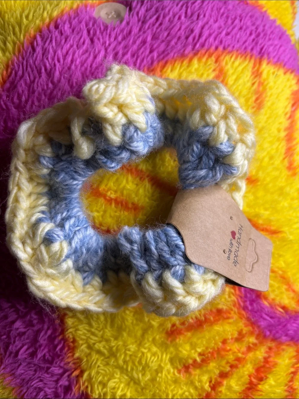 Handmade Crochet Scrunchie in Yellow and Light Blue